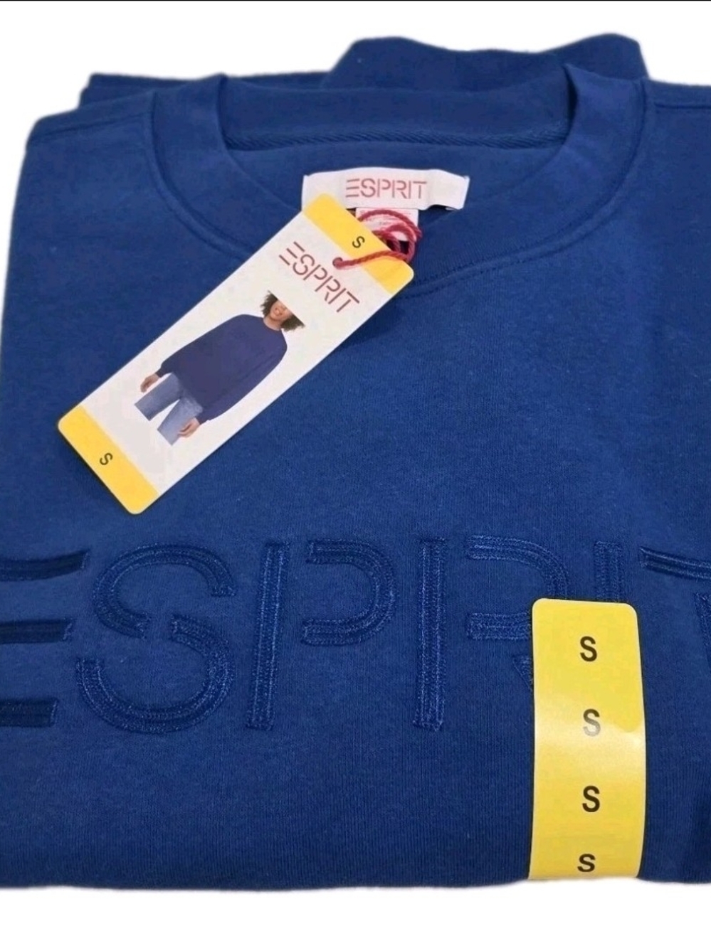 NEW Esprit Logo Blue (Small) Fleece Crewneck Sweatshirt Raised Embroidered NWT